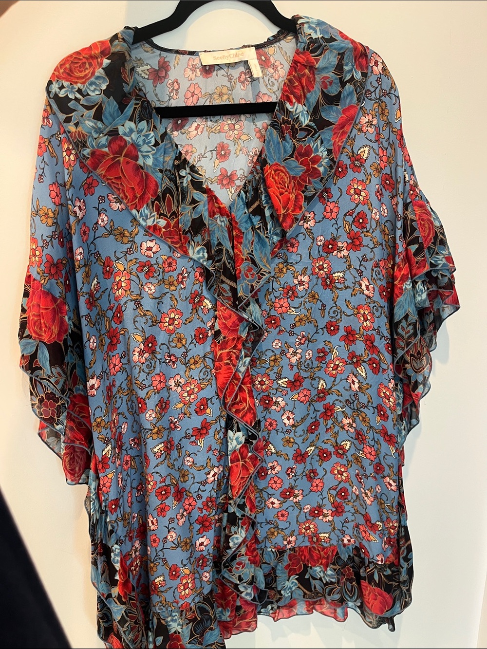 See By Chloe Blue Floral Ruffle Sheer Dress